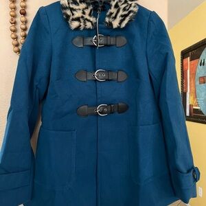 NEW Blue Toggle Coat with Faux Fur Collar